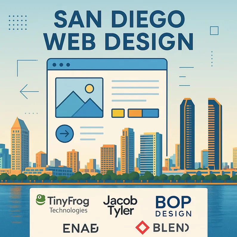 San Diego skyline with modern web design elements and agency logos representing the top web design companies in the city