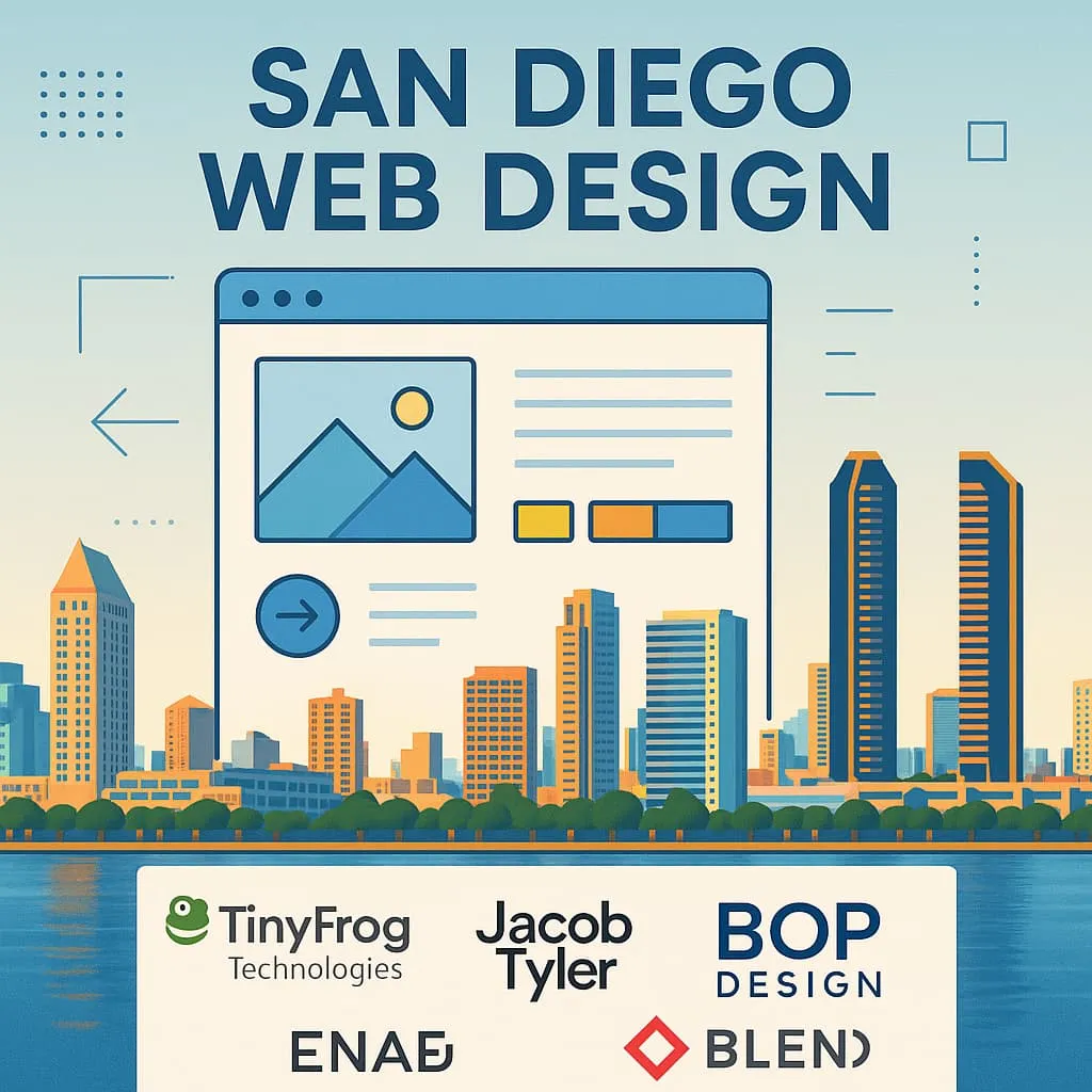 San Diego skyline with modern web design elements and agency logos representing the top web design companies in the city