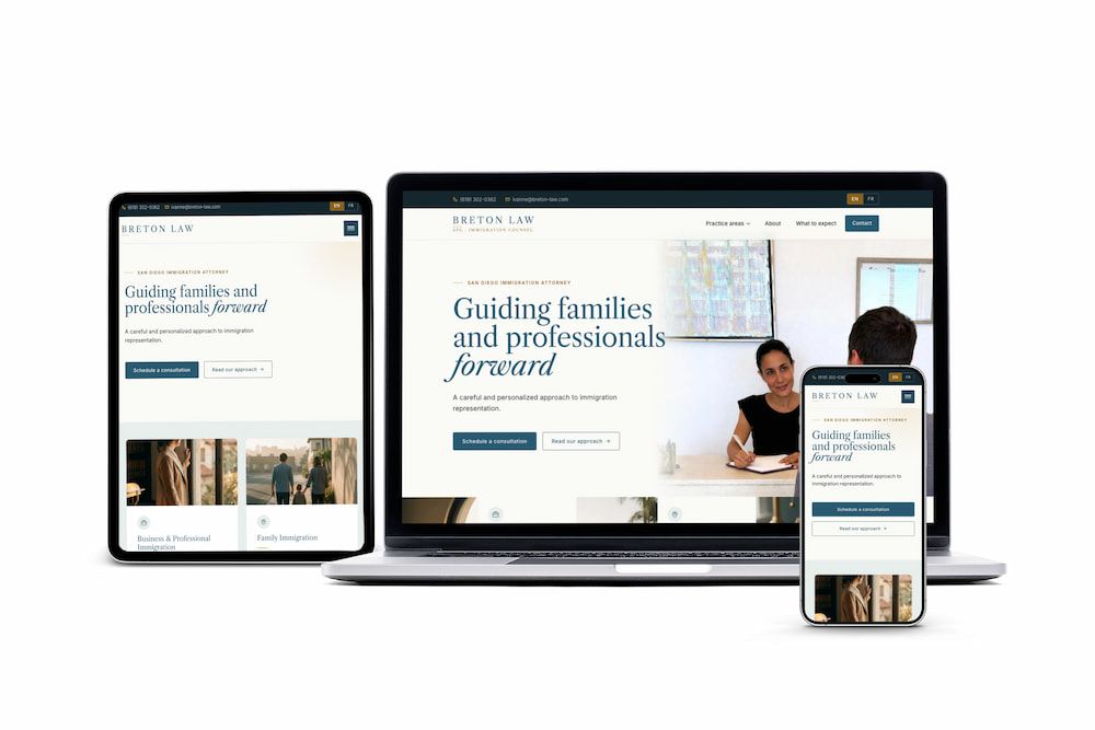 Breton Law homepage, About page, and French version on multiple devices