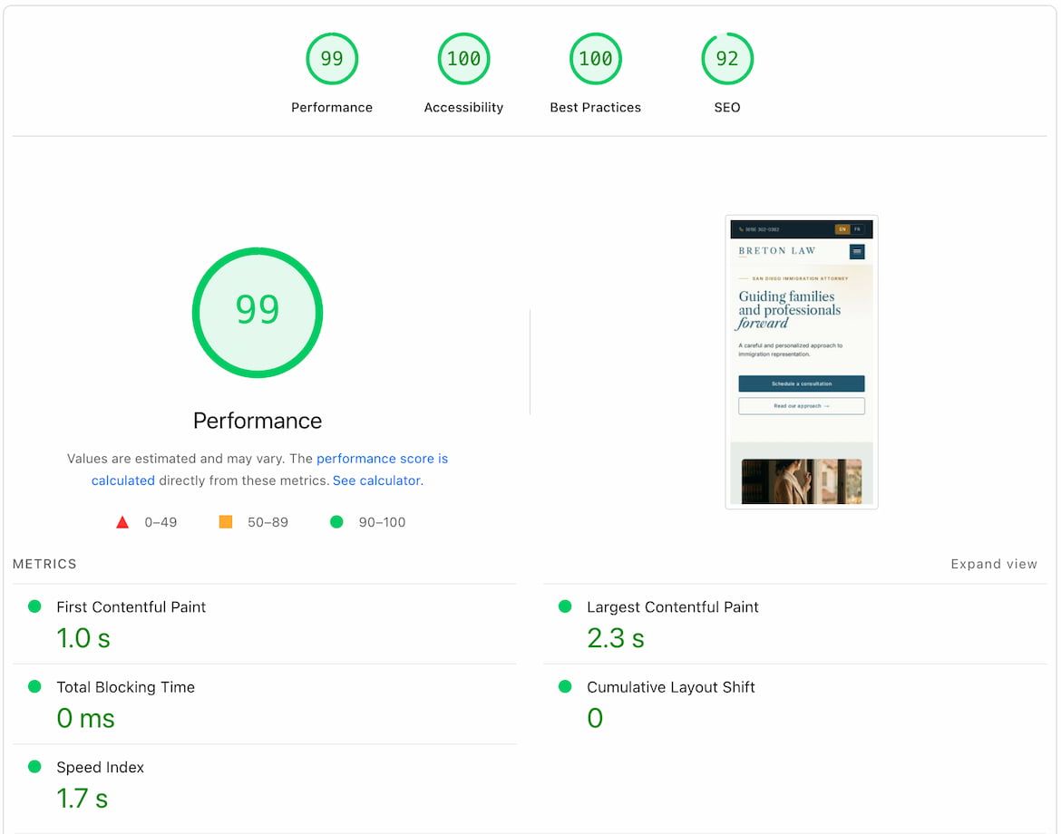 Breton Law PageSpeed Insights mobile report: 99 Performance, 100 Accessibility, 100 Best Practices, 92 SEO