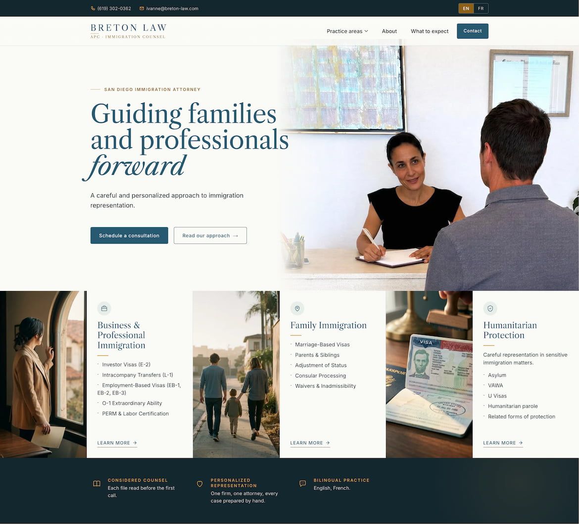 Breton Law immigration attorney website built by Oui Digital