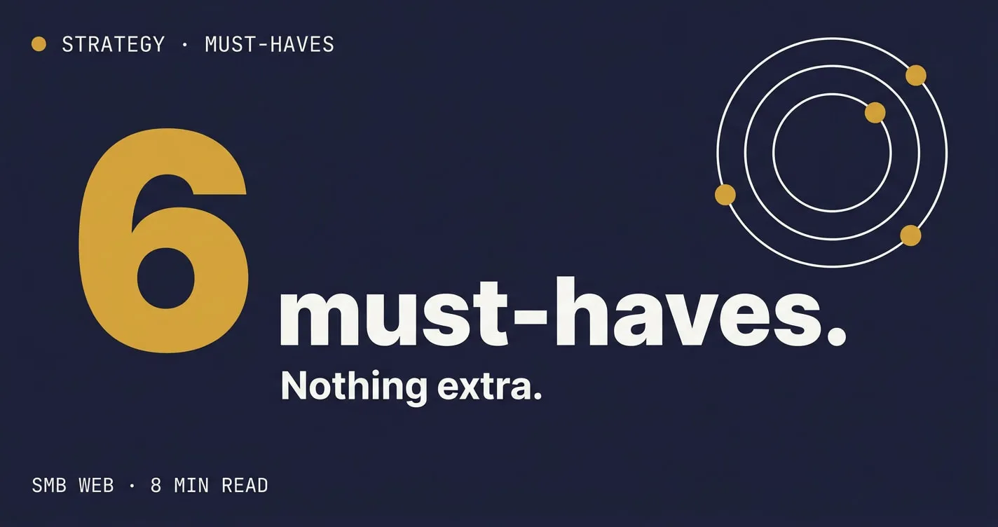 Vignette Atelier — chiffre « 6 must-haves », palette sombre — pour l'article sur les fonctionnalités essentielles d'un site web PME.