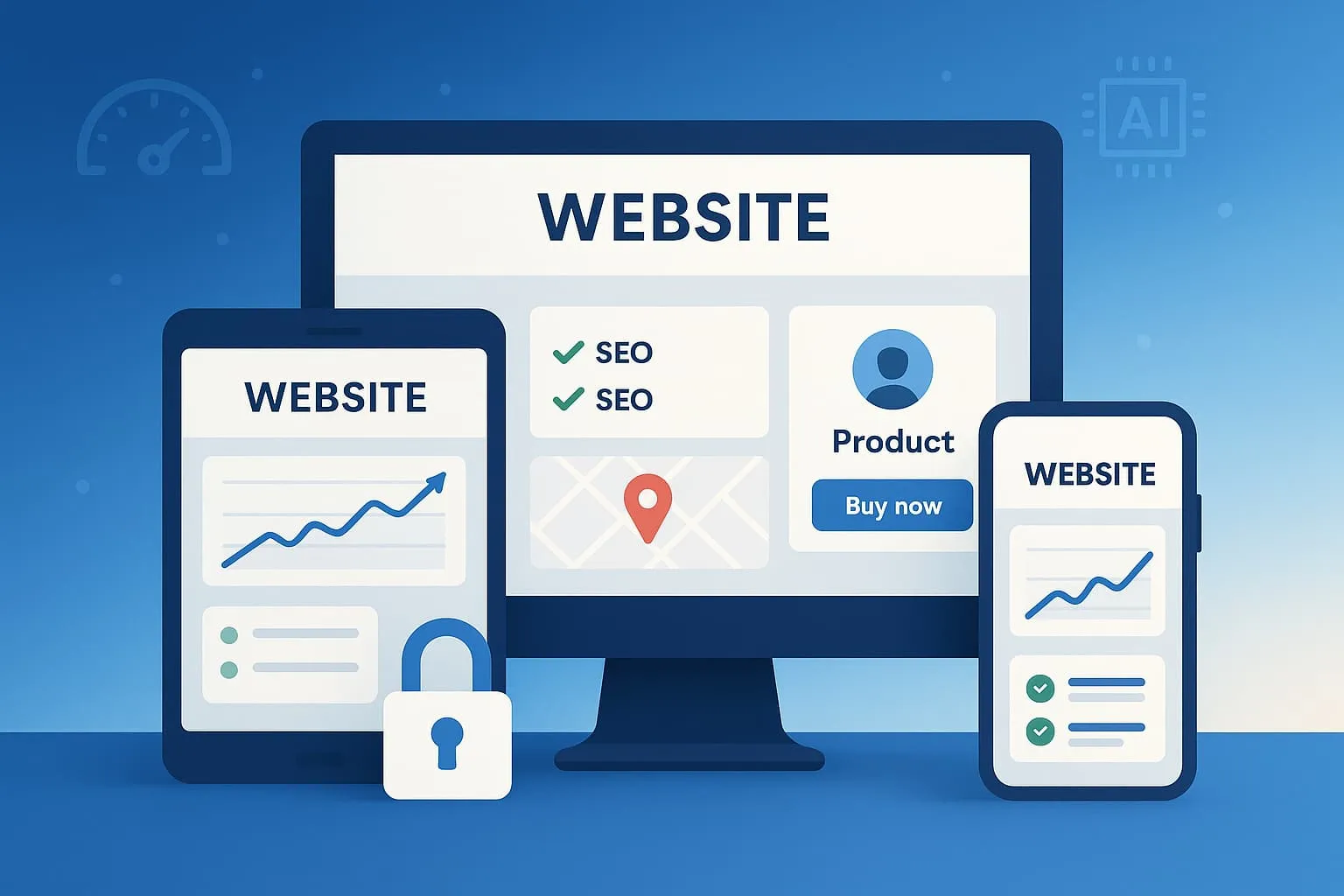 Modern website UI elements highlighting speed, SEO, and mobile-first design