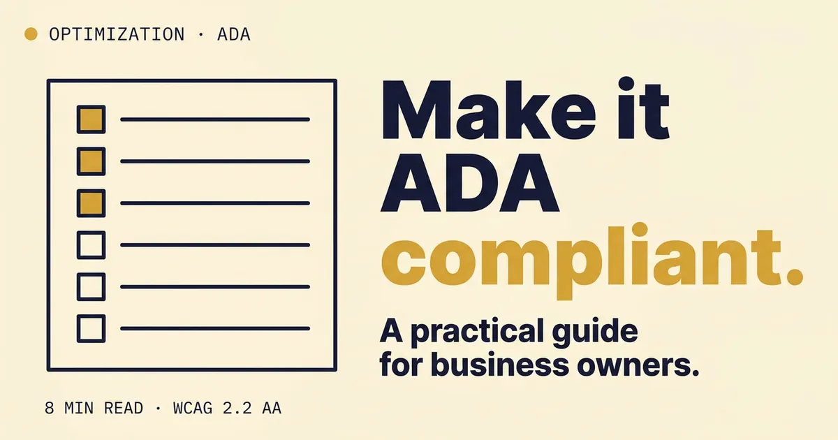 Vignette Atelier — checklist avec lignes dorées et typographie « Make it ADA compliant », palette chaude — pour le guide d'accessibilité ADA.