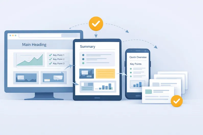 Illustration showing a website being discovered and summarized by AI search tools like ChatGPT and Google AI Overviews