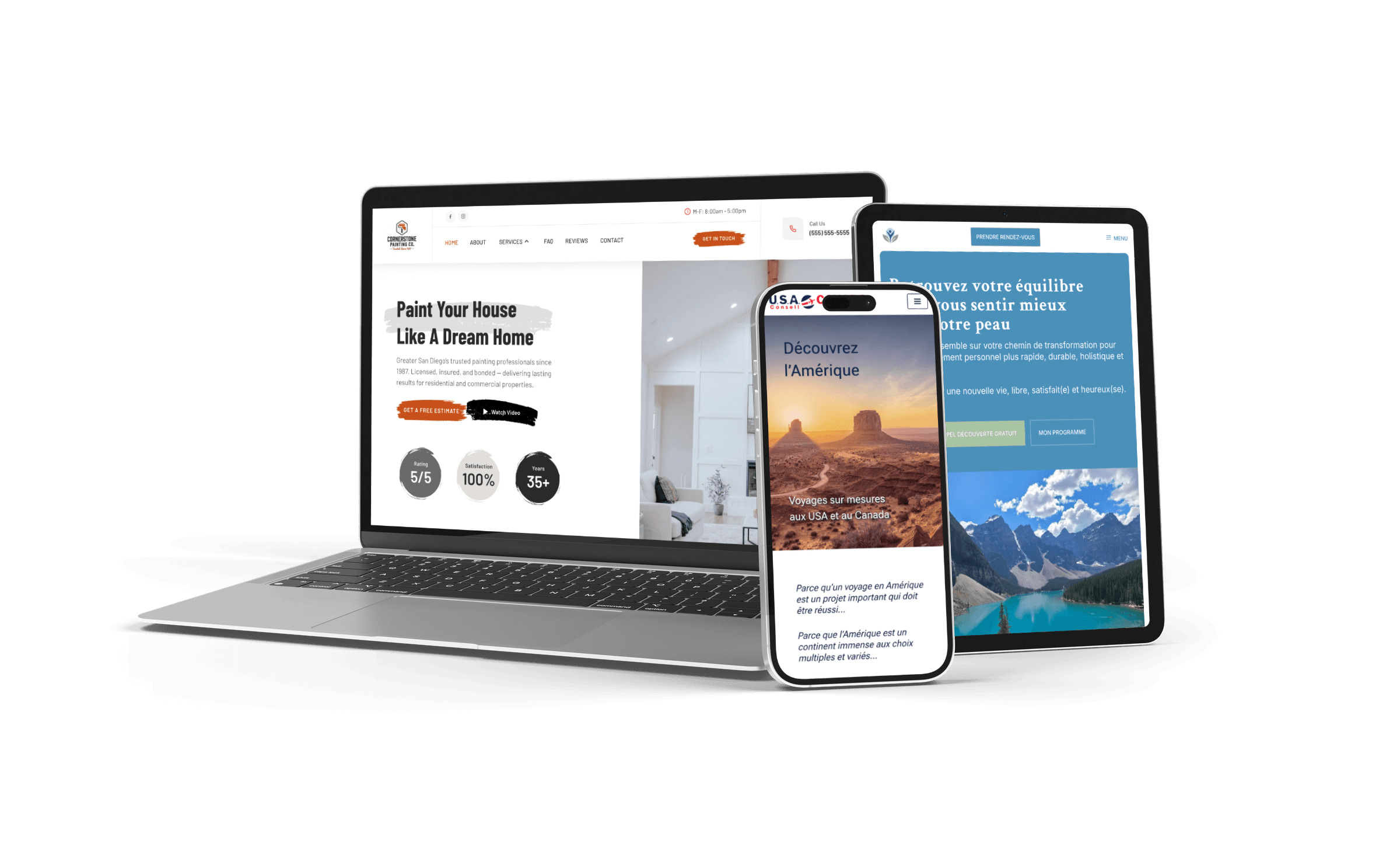 Screenshots of three websites designed by Oui Digital displayed on a laptop, smartphone, and tablet — Cornerstone Painting Co., USA Conseil, and Aurore Lacas Coaching