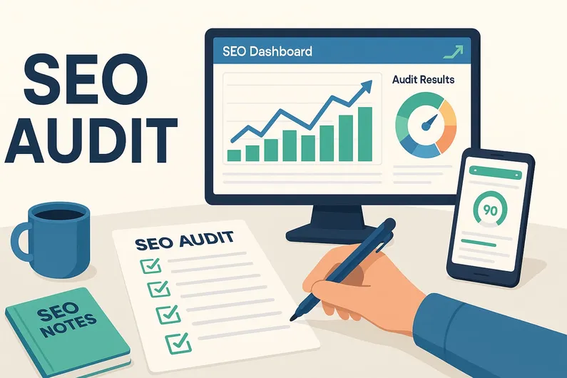 SEO audit dashboard showing website analysis tools and ranking metrics