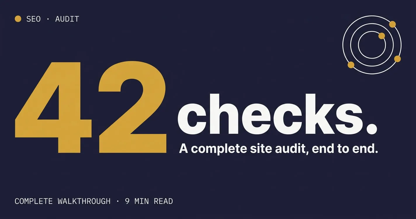 Vignette Atelier — chiffre « 42 vérifications », palette sombre — pour le guide d'audit SEO.