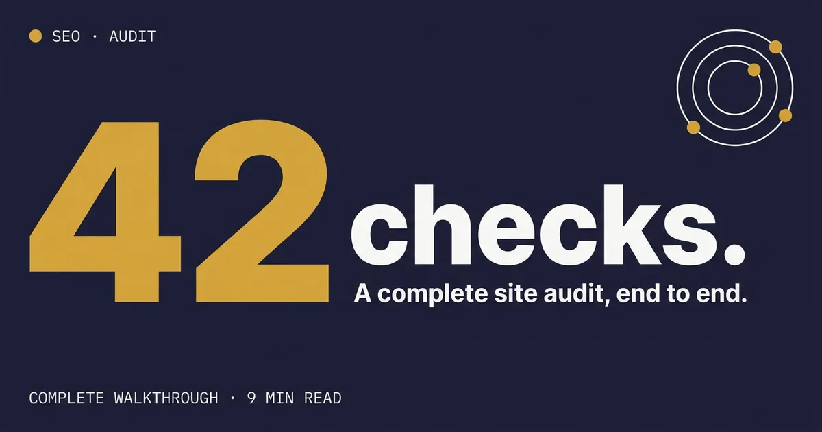 Atelier tile — Stat "42 checks", Dark palette — for the SEO audit guide.