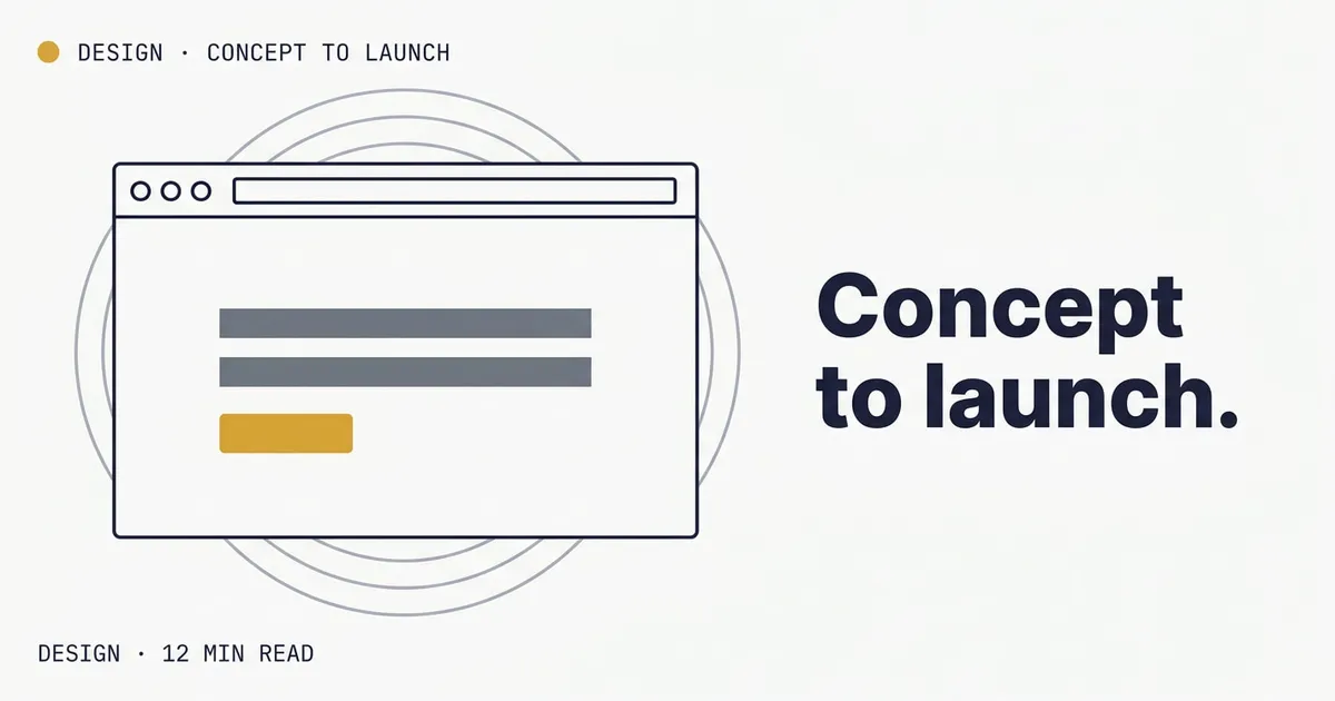 Atelier tile — Object browser frame with gold launch button + Type "Concept to launch", Light palette — for the web design and development guide.