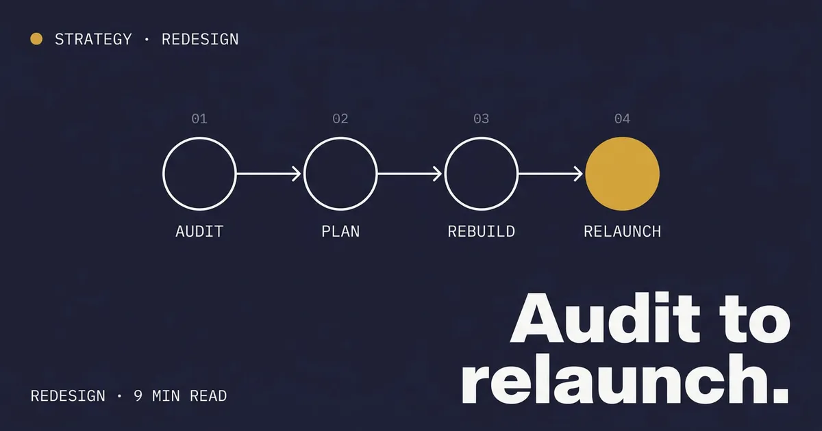 Atelier tile — Diagram four-node redesign path (Relaunch in gold), Dark palette — for the website redesign guide.