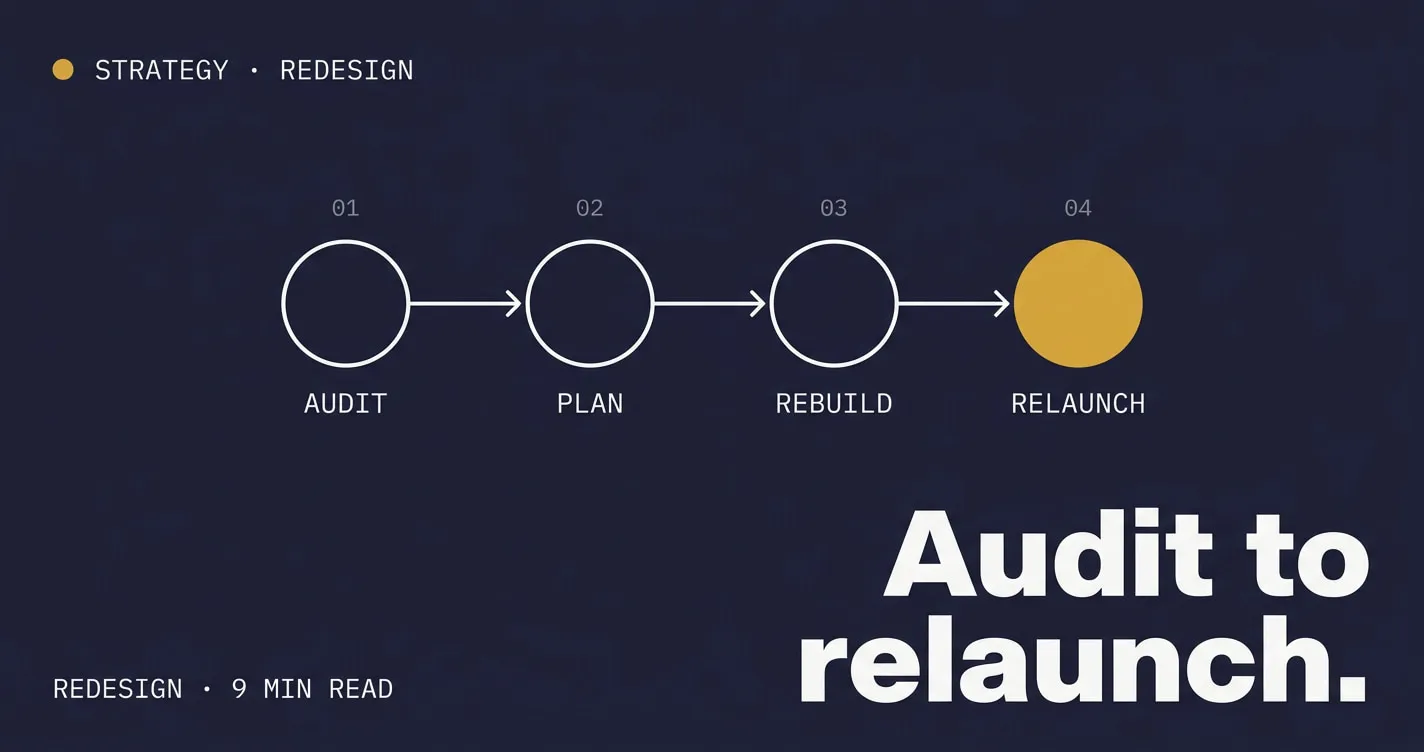 Vignette Atelier — diagramme de refonte à quatre étapes (Relaunch en doré), palette sombre — pour le guide de refonte de site web.